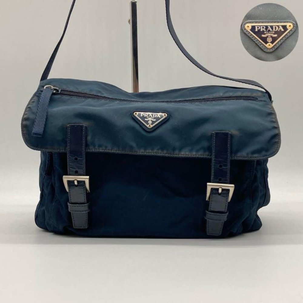 Prada Vela Tessuto Black Nylon and Saffiano Leather Messenger  Flap Bag